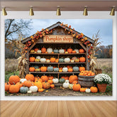 Lofaris Rustikaler Herbst-Kürbisstand Hintergrund mit 'Pumpkin Shop' Schild, vielfältige Kürbisdekoration für Herbstfotoshootings