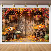 Lofaris Rustikaler Herbst-Kürbis-Hintergrund mit bunten Blättern und Holztür, Erntedankfest Fotowand für herbstliche Partydekoration