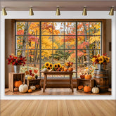 Lofaris Leuchtender Herbstfotohintergrund mit bunten Blättern und Kürbissen, gemütliche Fensterkulisse für Fotoshooting und Dekoration