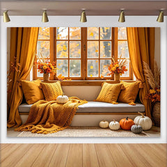 Lofaris Warmer Herbsthintergrund mit Fenster, Kürbissen und bunten Blättern, gemütliche Fotokulisse für herbstliche Dekorationen