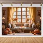 Lofaris Herbstlicher Fensterhintergrund mit Kürbissen und goldenen Blättern, perfekte Kulisse für Fotoshootings und herbstliche Dekoration