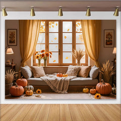 Lofaris Herbstlicher Fensterhintergrund mit Kürbissen und goldenen Blättern, perfekte Kulisse für Fotoshootings und herbstliche Dekoration