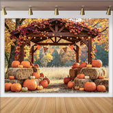 Lofaris Rustikaler Herbst-Erntedank-Hintergrund mit Kürbissen Heuballen und Herbstlaub, Herbstkulisse für Fotoshooting und Partydekoration
