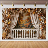 Lofaris Eleganter Herbstbalkon Fotohintergrund mit Herbstlaub und Pampasgras, romantische Kulisse für Hochzeiten und Porträts