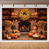 Lofaris Herbstlicher Kamin-Hintergrund mit Sonnenblumen und Kürbissen, gemütliche Erntedank-Kulisse für Fotoshooting und Dekoration