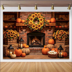 Lofaris Herbstlicher Kamin-Hintergrund mit Sonnenblumen und Kürbissen, gemütliche Erntedank-Kulisse für Fotoshooting und Dekoration