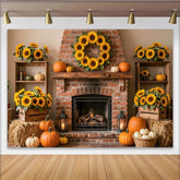 Lofaris Herbstlicher Kaminhintergrund mit Sonnenblumen und Kürbissen, rustikale Fotokulisse für gemütliche Herbstdekoration