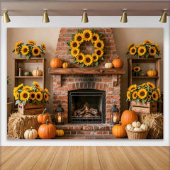 Lofaris Herbstlicher Kaminhintergrund mit Sonnenblumen und Kürbissen, rustikale Fotokulisse für gemütliche Herbstdekoration