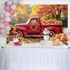 Lofaris Roter Vintage Pickup Truck Herbsthintergrund mit Kürbissen und bunten Blättern, rustikale Fotokulisse für Erntedankfest