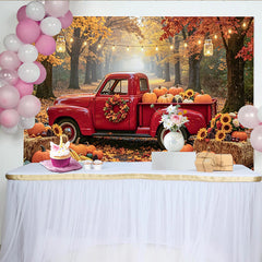 Lofaris Herbst-Fotohintergrund mit rotem Truck und Kürbissen, idyllische Kulisse für herbstliche Dekoration im Studio