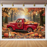 Lofaris Herbst-Fotohintergrund mit rotem Truck und Kürbissen, idyllische Kulisse für herbstliche Dekoration im Studio