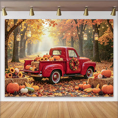 Lofaris Herbst-Fotohintergrund mit rotem Truck und Kürbissen, idyllische herbstliche Kulisse für professionelles Fotostudio