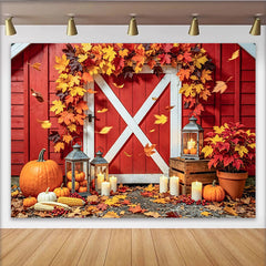 Lofaris Herbst-Fotohintergrund mit roter Scheune und Kürbissen, stimmungsvolle Kulisse für herbstliche Fotoshootings