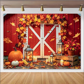 Lofaris Rotes Scheunentor Erntedank-Hintergrund mit Kürbissen, herbstliche Kulisse für Thanksgiving Dekoration