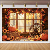 Lofaris Herbst-Fotohintergrund mit Kürbissen und Sonnenblumen, gemütliche Kulisse mit Holzrad für herbstliche Fotos