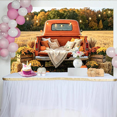 Lofaris Herbst-Fotohintergrund mit Kürbissen und orangefarbenem Lkw, gemütliche herbstliche Kulisse für Fotoshootings
