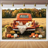 Lofaris Herbst-Fotohintergrund mit Kürbissen und orangefarbenem Lkw, gemütliche herbstliche Kulisse für Fotoshootings
