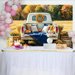 Lofaris Herbst-Fotohintergrund mit weißem Pickup und Kürbissen, rustikale Kulisse für herbstliche Fotoshootings
