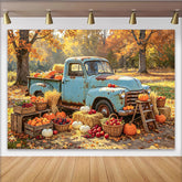 Lofaris Herbstlicher Fotohintergrund mit blauem Vintage-Truck, idyllische Kulisse mit Heuballen für Fotostudios