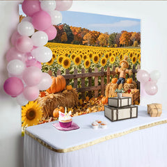 Lofaris Sonnenblumen und Kürbisse Herbst-Fotohintergrund, idyllische Vogelscheuche Kulisse für herbstliche Fotoshootings