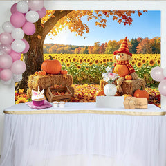 Lofaris Herbst-Fotohintergrund mit Vogelscheuche und Kürbissen, farbenfrohe Sonnenblumenkulisse für herbstliche Fotos