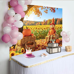 Lofaris Herbst-Fotohintergrund mit Vogelscheuche und Kürbissen, farbenfrohe Sonnenblumenkulisse für herbstliche Fotos