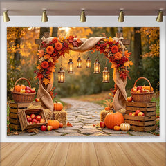 Lofaris Herbst-Fotohintergrund mit Kürbissen und Laternen, warme herbstliche Kulisse für professionelle Fotoshootings