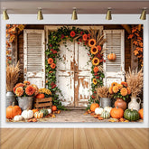 Lofaris Rustikaler Herbstfotohintergrund mit Kürbissen und Blumen, schöne Fotowand für herbstliche Fotoshootings im Studio