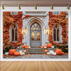 Lofaris Herbsthintergrund mit Kürbissen und Laub vor Schlossportal, elegante Fotowand für herbstliche Fotoshootings im Studio