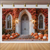 Lofaris Herbstlicher Kürbis-Fotohintergrund vor gotischer Tür, malerische Kulisse für herbstliche Fotoshootings