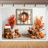 Lofaris Herbst-Fotohintergrund mit Teddybären und Kürbissen, rustikale Kulisse für herbstliche Kinder-Fotoshootings