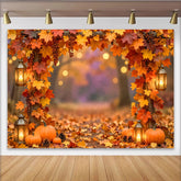 Lofaris Herbst-Fotohintergrund mit Kürbissen und warmen Laternen, stimmungsvolle Kulisse für Dekoration im Fotostudio