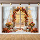 Lofaris Herbst-Fotohintergrund mit Kürbissen und Sonnenblumen, gemütliche Kulisse für herbstliche Fotoshootings