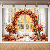 Lofaris Herbstfotohintergrund mit Sonnenblumen und Kürbissen, warme herbstliche Kulisse für gemütliche Fotoshootings im Studio