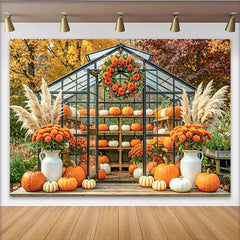 Lofaris Kürbis-Gewächshaus-Fotohintergrund für herbstliche Fotos, malerische Kulisse mit Pampasgras und Blumen für Fotostudio
