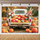 Lofaris Weißer Pickup Truck Herbst-Fotohintergrund mit Kürbissen, rustikale Fotowand für herbstliche Erntedank-Dekoration