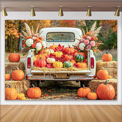 Lofaris Weißer Pickup Truck Herbst-Fotohintergrund mit Kürbissen, rustikale Fotowand für herbstliche Erntedank-Dekoration