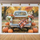 Lofaris Herbst-Fotohintergrund mit weißem Pickup und Kürbissen, rustikale Kulisse für gemütliche Erntedank-Fotoshootings