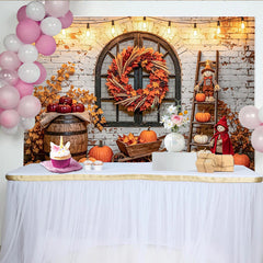 Lofaris Herbst-Fotohintergrund mit Kürbissen und Holzfass, gemütliche Erntedankfest-Kulisse für Fotostudio-Dekoration