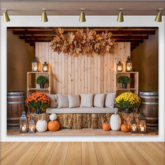 Lofaris Rustikaler Herbstfest-Hintergrund mit Kürbissen und Herbstlaub, gemütliche Fotokulisse für Erntedank und Fotoshooting