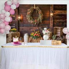 Lofaris Rustikaler Bauernhof-Fotohintergrund mit Holzstruktur und Heuballen, ländliche Kulisse für professionelles Fotoshooting