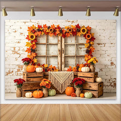 Lofaris Herbstlicher Kürbis-Hintergrund mit Sonnenblumen und Holzfenster, rustikale Fotokulisse für herbstliche Dekoration