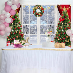 Lofaris Festlicher Weihnachtsfenster Winterlandschaft Hintergrund mit Bäumen und Geschenken, gemütliche Kulisse für festliche Partydekoration