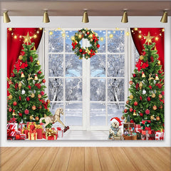 Lofaris Festlicher Weihnachtsfenster Winterlandschaft Hintergrund mit Bäumen und Geschenken, gemütliche Kulisse für festliche Partydekoration