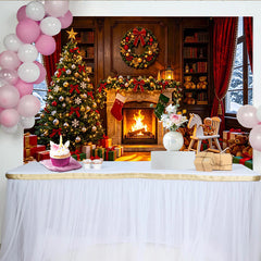 Lofaris Gemütlicher Weihnachts-Hintergrund mit Kamin und Baum, festliche Winter-Fotokulisse für Familienfotos und Partydekoration