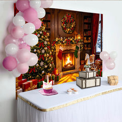 Lofaris Gemütlicher Weihnachts-Hintergrund mit Kamin und Baum, festliche Winter-Fotokulisse für Familienfotos und Partydekoration