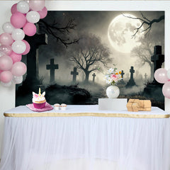 Lofaris Gruseliger Friedhof Halloween-Hintergrund mit Vollmond und Nebel, unheimliche Kulisse für Horrorfotografie und Partydekoration