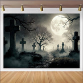 Lofaris Gruseliger Friedhof Halloween-Hintergrund mit Vollmond und Nebel, unheimliche Kulisse für Horrorfotografie und Partydekoration