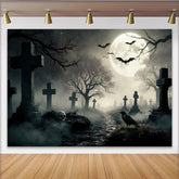 Lofaris Gruseliger Friedhof Halloween-Hintergrund mit Vollmond und Fledermäusen, dunkle Nebel Kulisse für gruselige Party Dekoration
