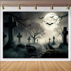 Lofaris Gruseliger Friedhof Halloween-Hintergrund mit Vollmond und Fledermäusen, dunkle Nebel Kulisse für gruselige Party Dekoration